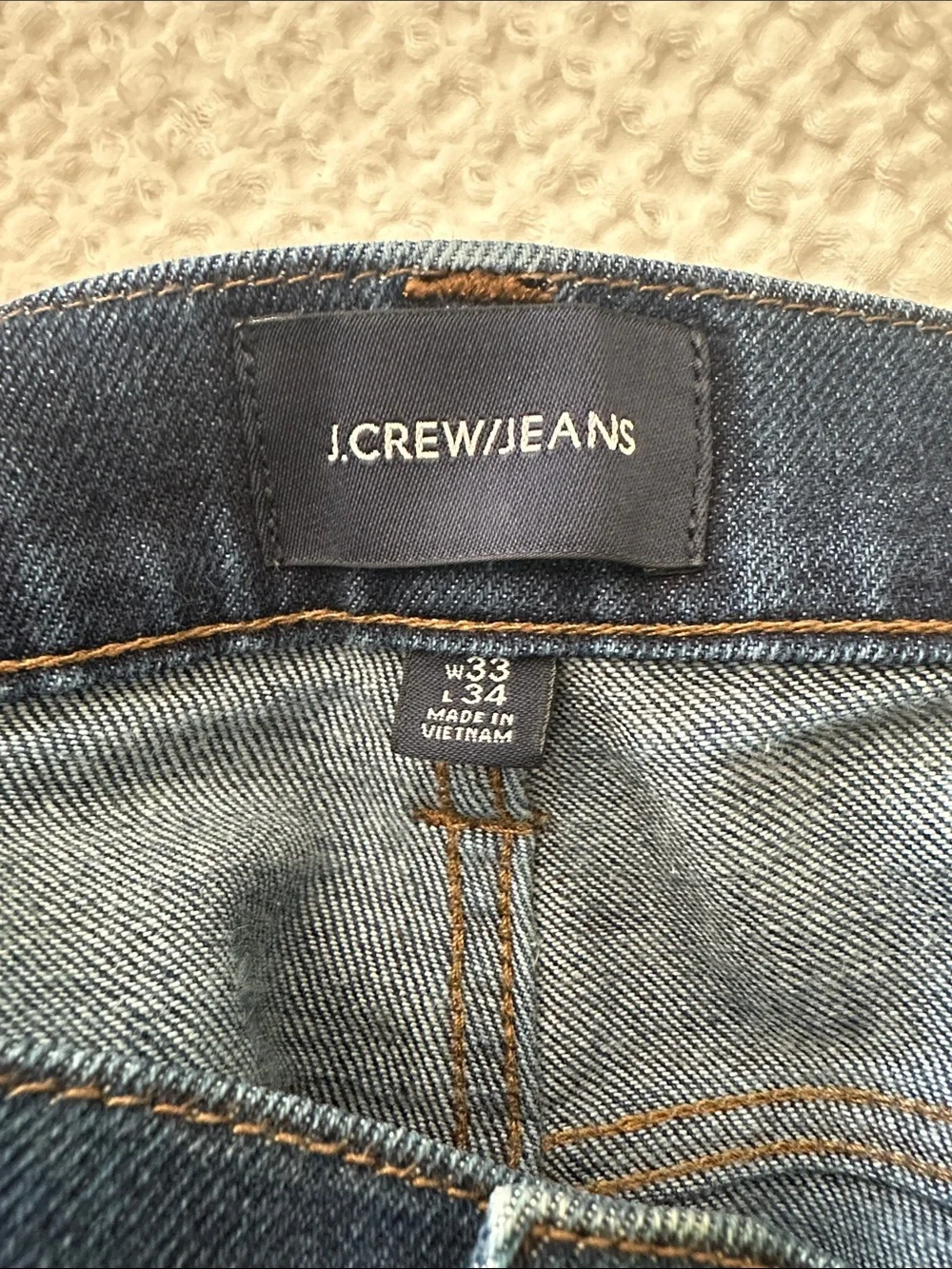 J. Crew Dark Blue Straight-Leg Jeans with Brown Patch